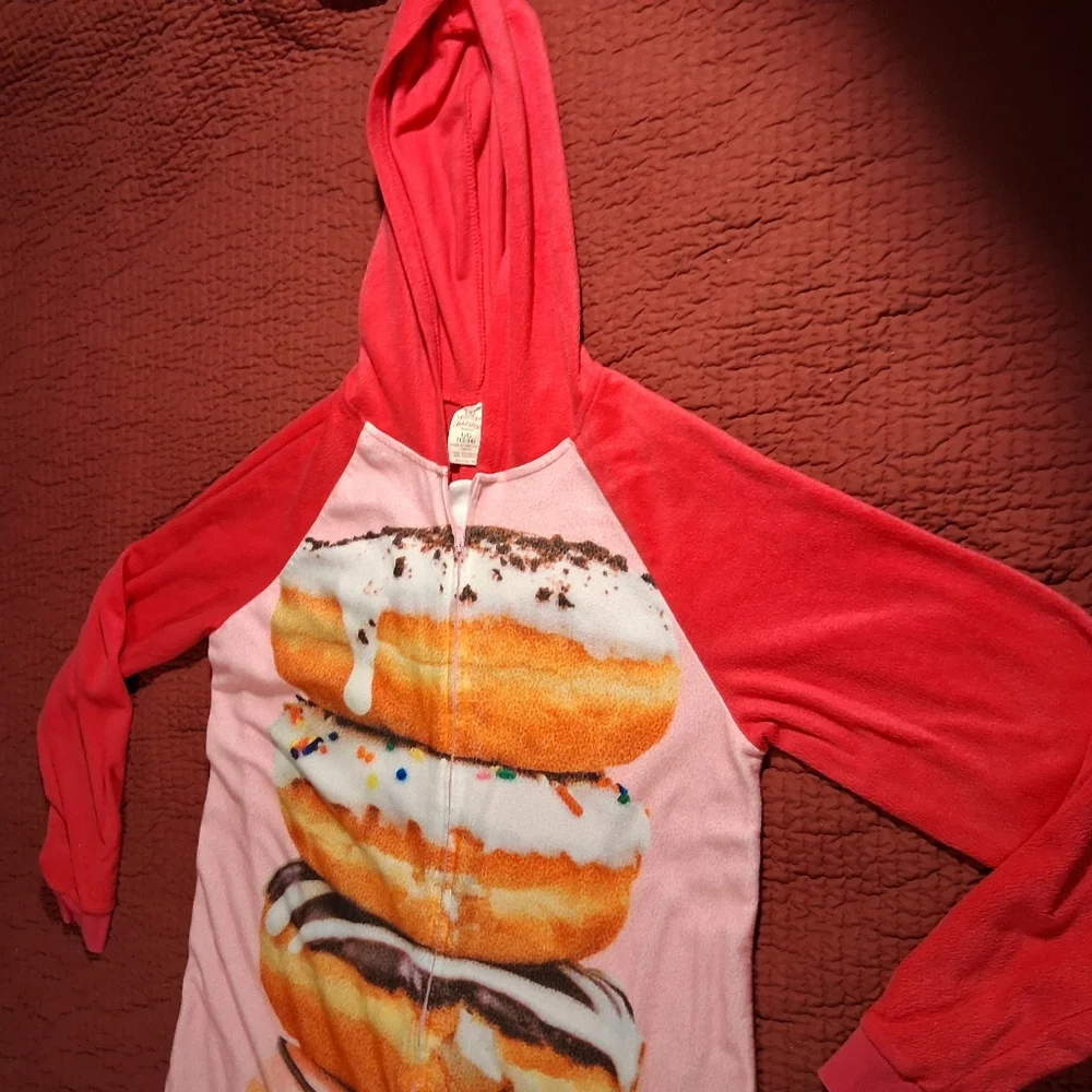 Faded Glory Donut Print Zip Front Hooded Onsie Pajamas Adult Sz. Lg. 12-14 - Picture 3 of 4